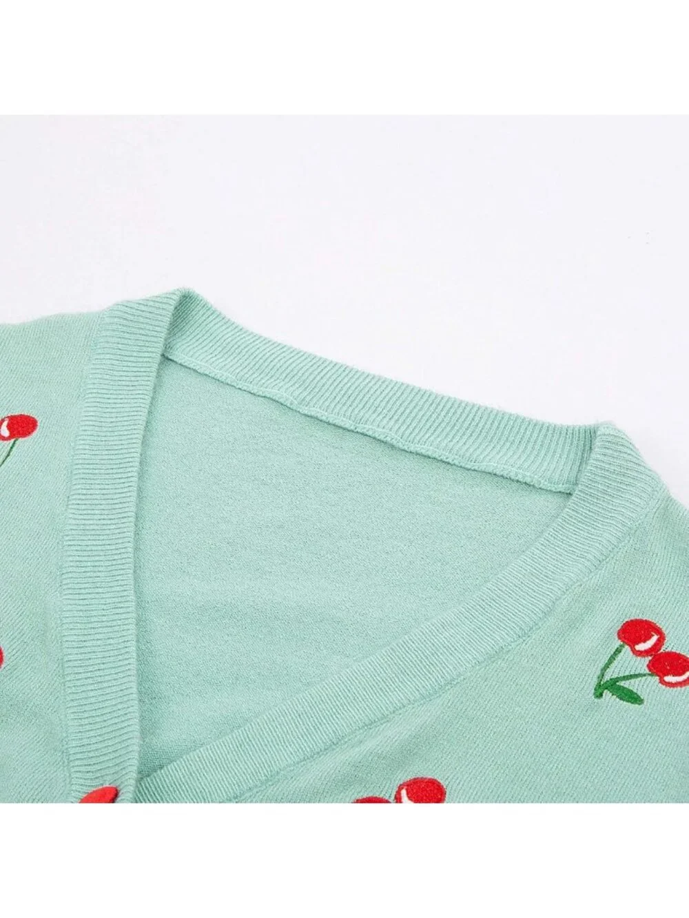 Chic 3/4 Sleeve V-Neck Button Down Cropped Cardigan with Cherry Embroidery